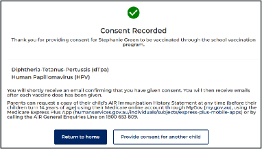Screenshot of program portal confirmation message