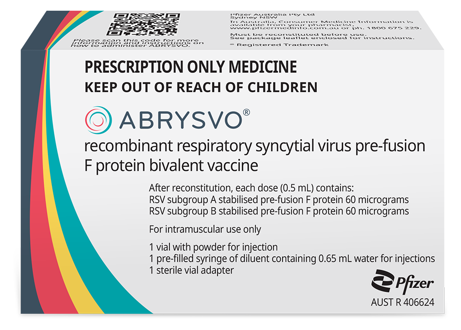 Front of Abrysvo recombinant respiratory synctial virus pre-fusion F protein bivalent vaccine box.