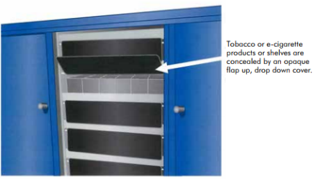  Tobacco or e-cigarette products or sheleves are concealed by an opaque flap up, drop down cover