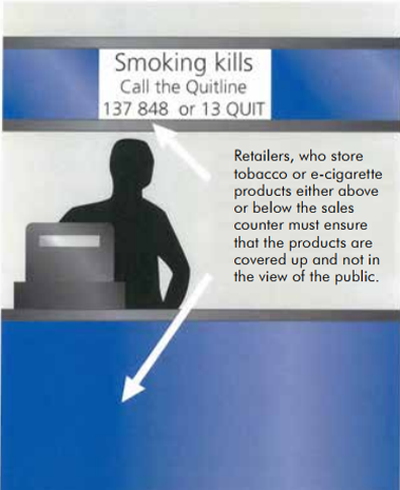 Smoking kills, Call the quitline 137848 0r 13 Quit  Retailers who store tobacco or e-cigarette products either above or below the sales counter must ensure that the products are covered up and not in the view of public.